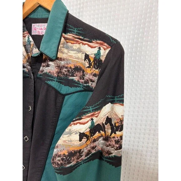 Vintage Panhandle Slim size M Pearl Snap Western Button Down Shirt Horses j - Picture 12 of 12